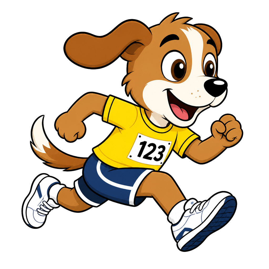 Dash the Dog sprinting in running kit
